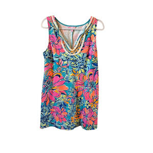 Lilly Pulitzer Harper Shift Dress Seaside Aqua Breezy Babe Large Floral Summer